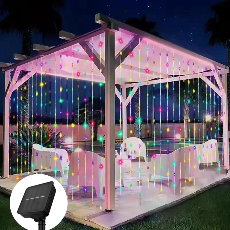 Outdoor Solar Curtain Lights 3x3M with 300 LEDs - Festive Garland for Halloween and Christmas Celebrations, 8 Lighting Modes