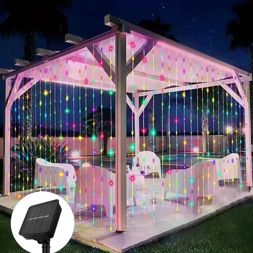 Outdoor Solar Curtain Lights 3x3M with 300 LEDs - Festive Garland for Halloween and Christmas Celebrations, 8 Lighting Modes