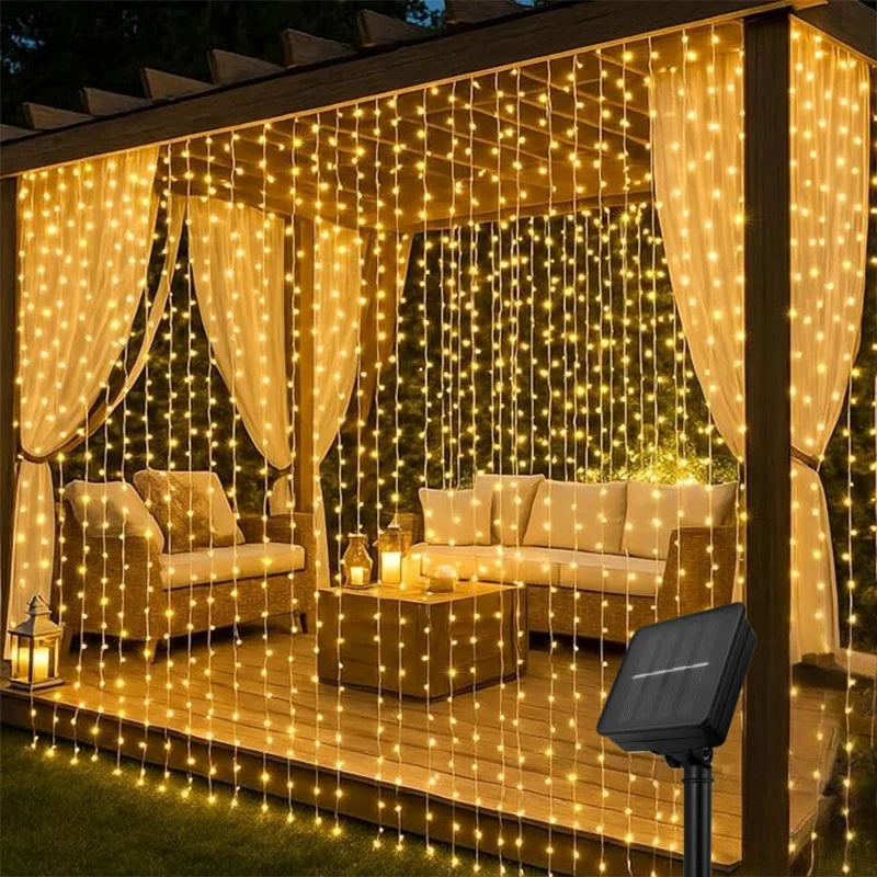 Outdoor Solar Curtain Lights 3x3M with 300 LEDs - Festive Garland for Halloween and Christmas Celebrations, 8 Lighting Modes