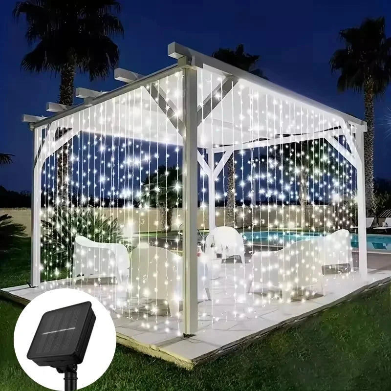 Outdoor Solar Curtain Lights 3x3M with 300 LEDs - Festive Garland for Halloween and Christmas Celebrations, 8 Lighting Modes