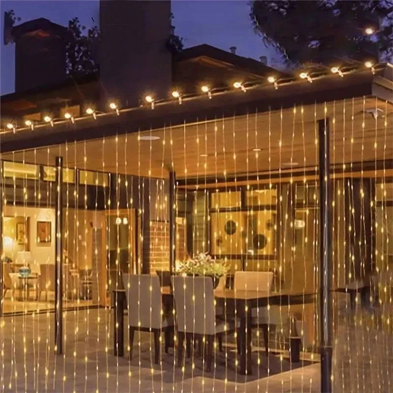 Outdoor Solar Curtain Lights 3x3M with 300 LEDs - Festive Garland for Halloween and Christmas Celebrations, 8 Lighting Modes