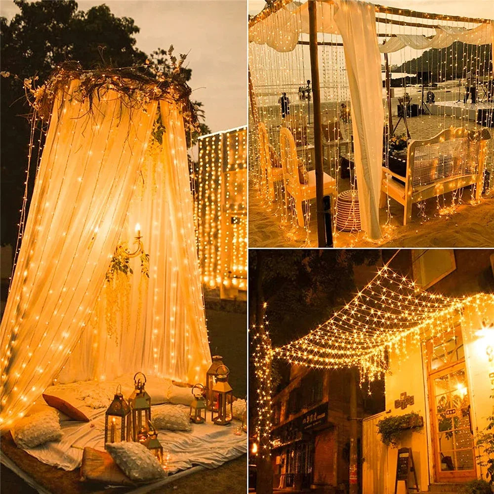 Outdoor Solar Curtain Lights 3x3M with 300 LEDs - Festive Garland for Halloween and Christmas Celebrations, 8 Lighting Modes
