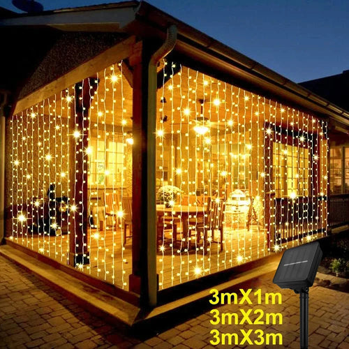 Outdoor Solar Curtain Lights 3x3M with 300 LEDs - Festive Garland for Halloween and Christmas Celebrations, 8 Lighting Modes