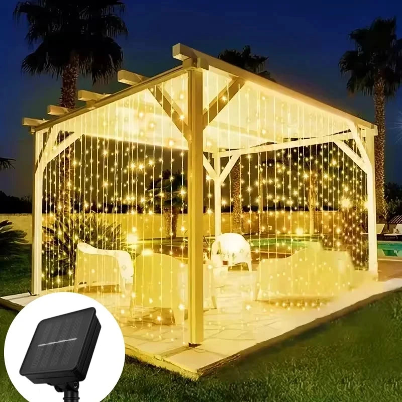 Outdoor Solar Curtain Lights 3x3M with 300 LEDs - Festive Garland for Halloween and Christmas Celebrations, 8 Lighting Modes