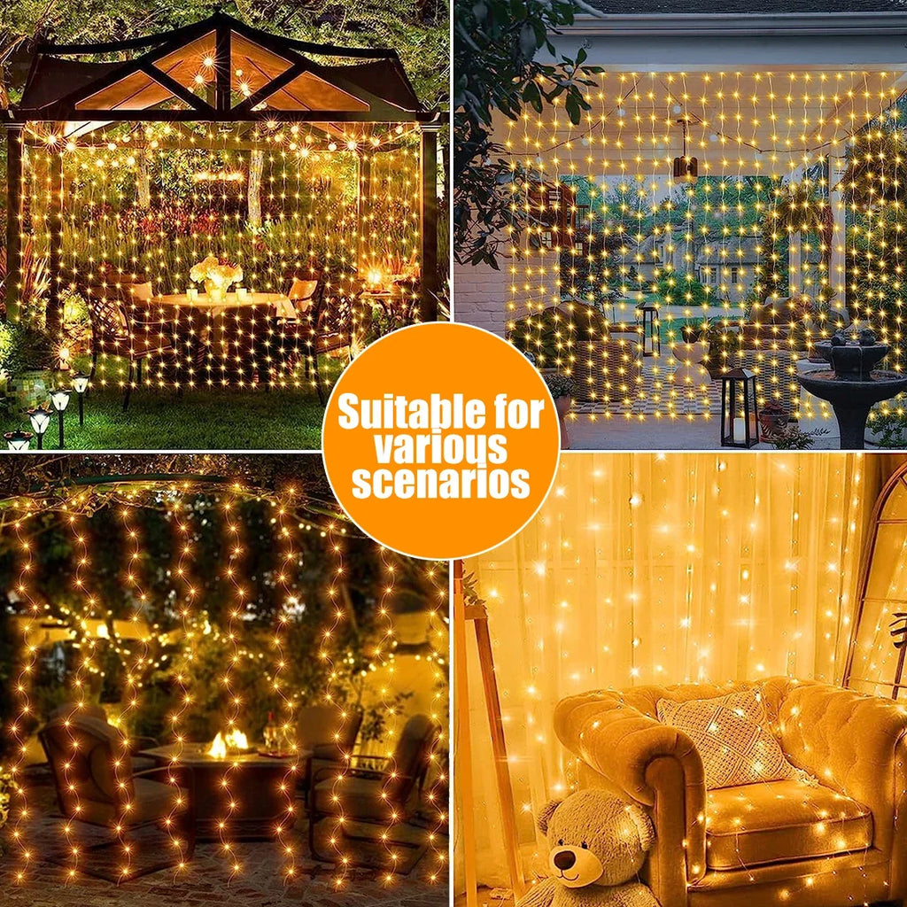 Outdoor Solar Curtain Lights 3x3M with 300 LEDs - Festive Garland for Halloween and Christmas Celebrations, 8 Lighting Modes