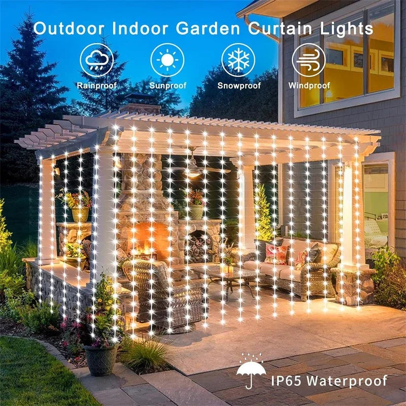 Outdoor Solar Curtain Lights 3x3M with 300 LEDs - Festive Garland for Halloween and Christmas Celebrations, 8 Lighting Modes